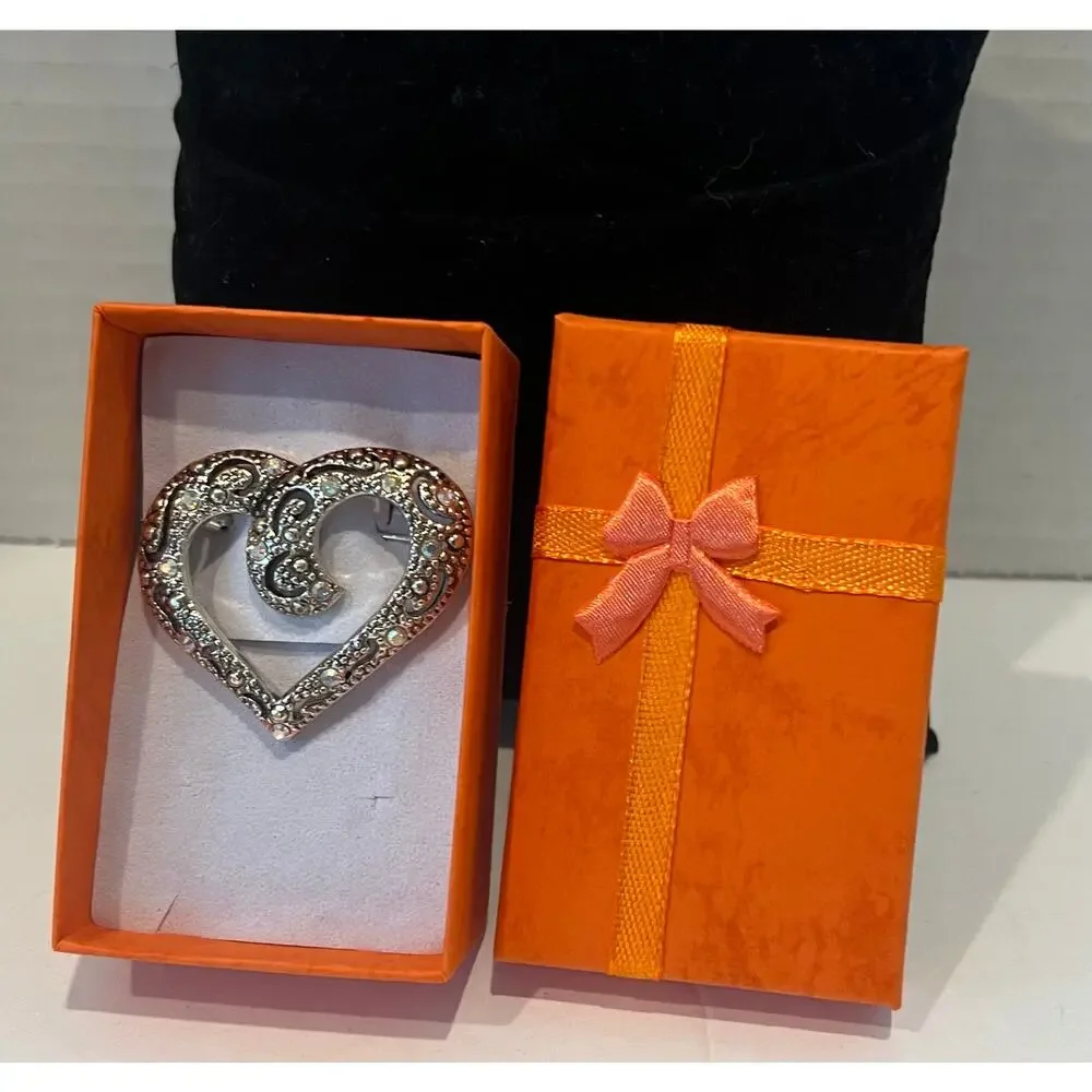 NWOT Faux Marcasite‎ Heart with Aurora Borealis Crystal Rhinestones Brooch Pin